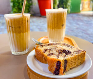 Vegan Almondccino and a vegan chocolate brioche at Graines du Jour, Paris