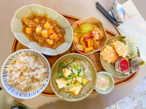 Vegan lunch at Graines du Jour consists of delicious assortment of rice, soup, tempura, pickles, and homemade tofu